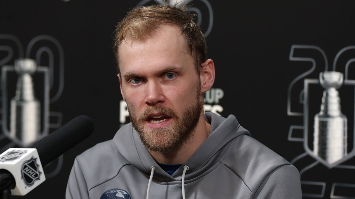 Winnipeg Jets left wing Nikolaj Ehlers (27) talks to media after their victory over the Dallas Stars in game two of the second round of the 2025 Stanley Cup Playoffs at Canada Life Centre.