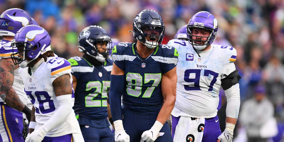 Seattle Seahawks tight end Noah Fant (87) celebrates after a first down against the Minnesota Vikings during the second half at Lumen Field.