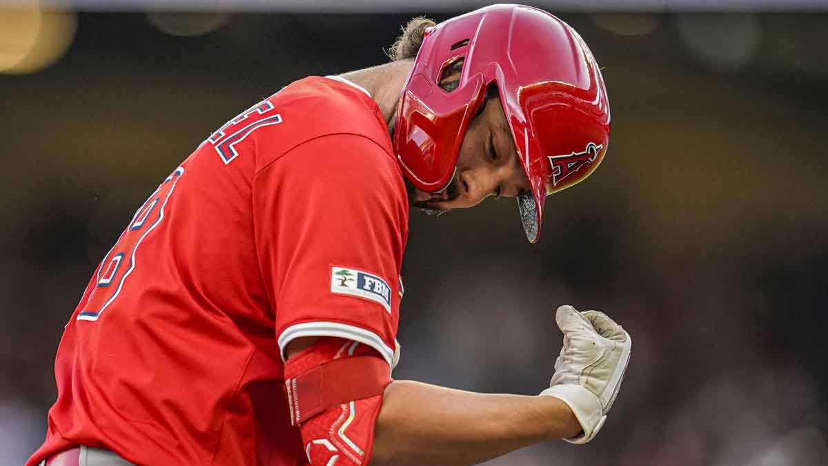 Los Angeles Angels first baseman Nolan Schanuel (18) reacts after hitting a two run home run against the Atlanta Braves during the second inning at Truist Park.