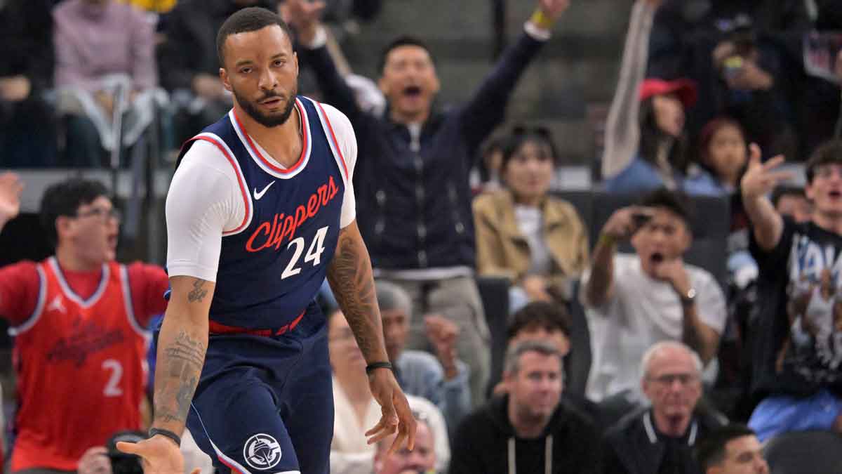 Los Angeles Clippers guard Norman Powell (24) heads down court after a 3-point basket in the first half of game four of round one of the 2024 NBA Playoffs against the Denver Nuggets at Intuit Dome.