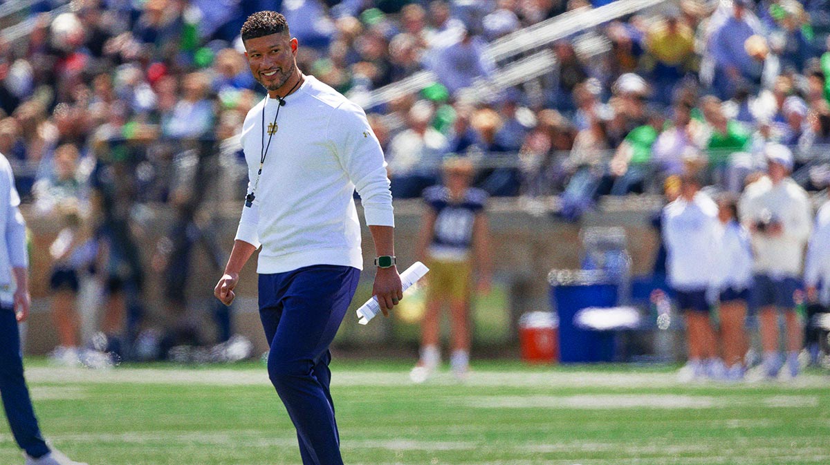 Notre Dame Fighting Irish head coach Marcus Freeman smiles during the Blue-Gold game at Notre Dame Stadium.