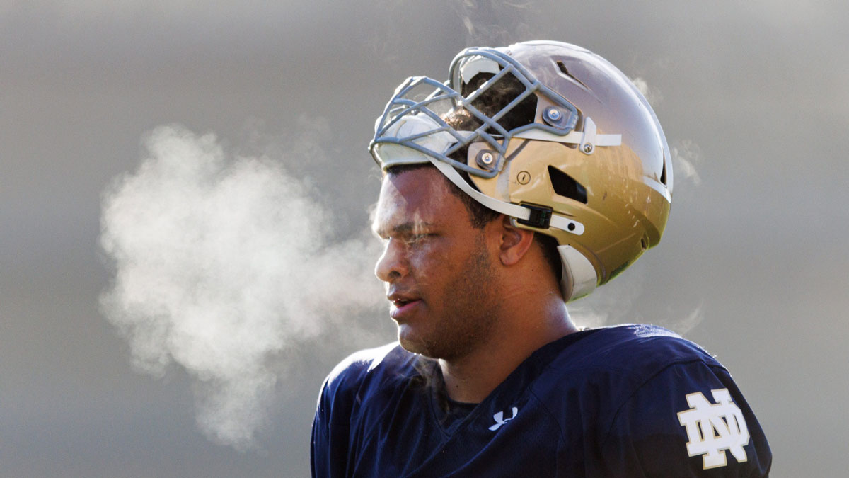 Notre Dame offensive lineman Charles Jagusah during a Notre Dame football spring practice at Irish Athletic Center.