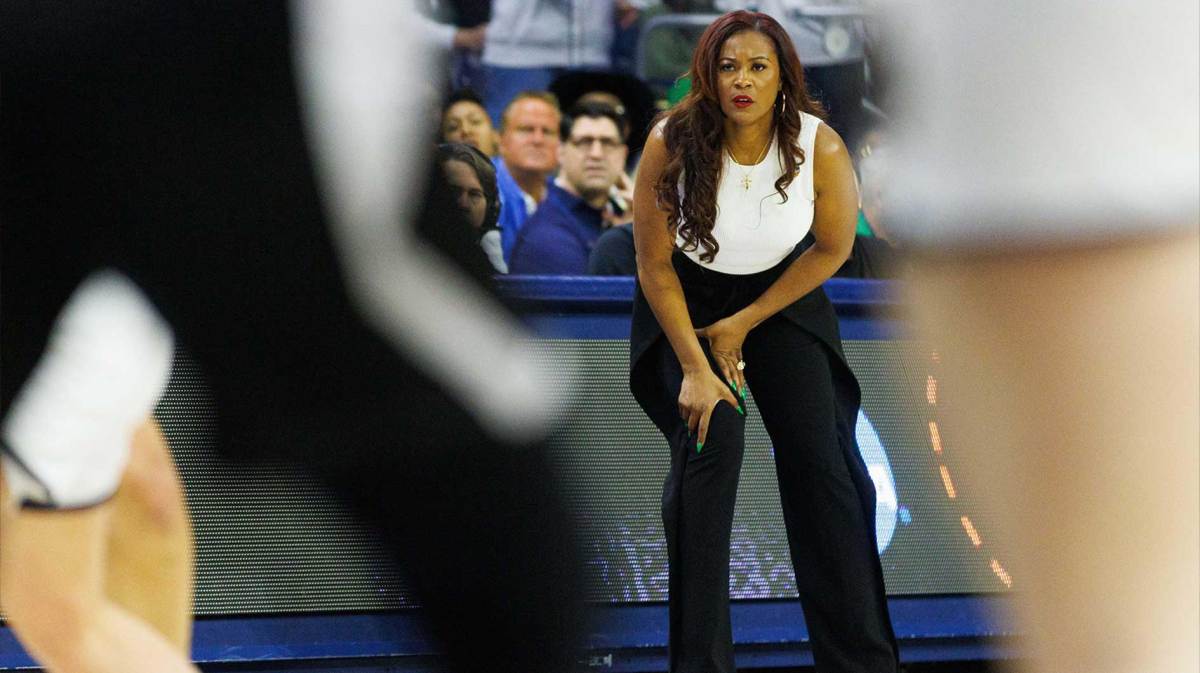 Notre Dame head coach Niele Ivey looks on during the first round of the NCAA Women's Basketball Tournament between Notre Dame and Stephen F. Austin.