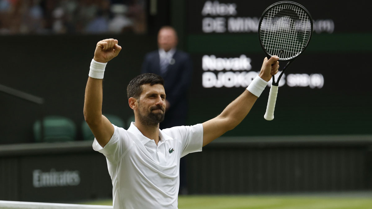Novak Djokovic (SRB) celebrates after his match against Alex de Minaur (AUS)(not pictured) on day eight of The Championships Wimbledon 2025 at All England Lawn Tennis and Croquet Club.