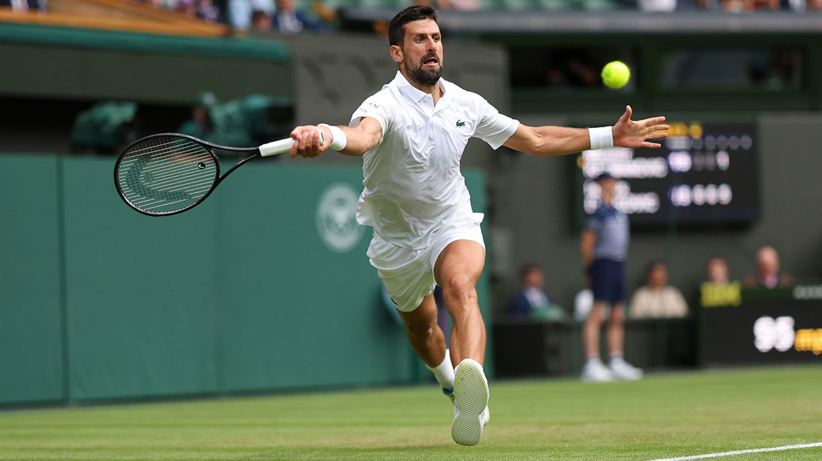 Novak Djokovic (SRB) reaches for a forehand against Miomir Kecmanovic (SRB)(not pictured) on day six of The Championships Wimbledon 2025 at All England Lawn Tennis and Croquet Club.