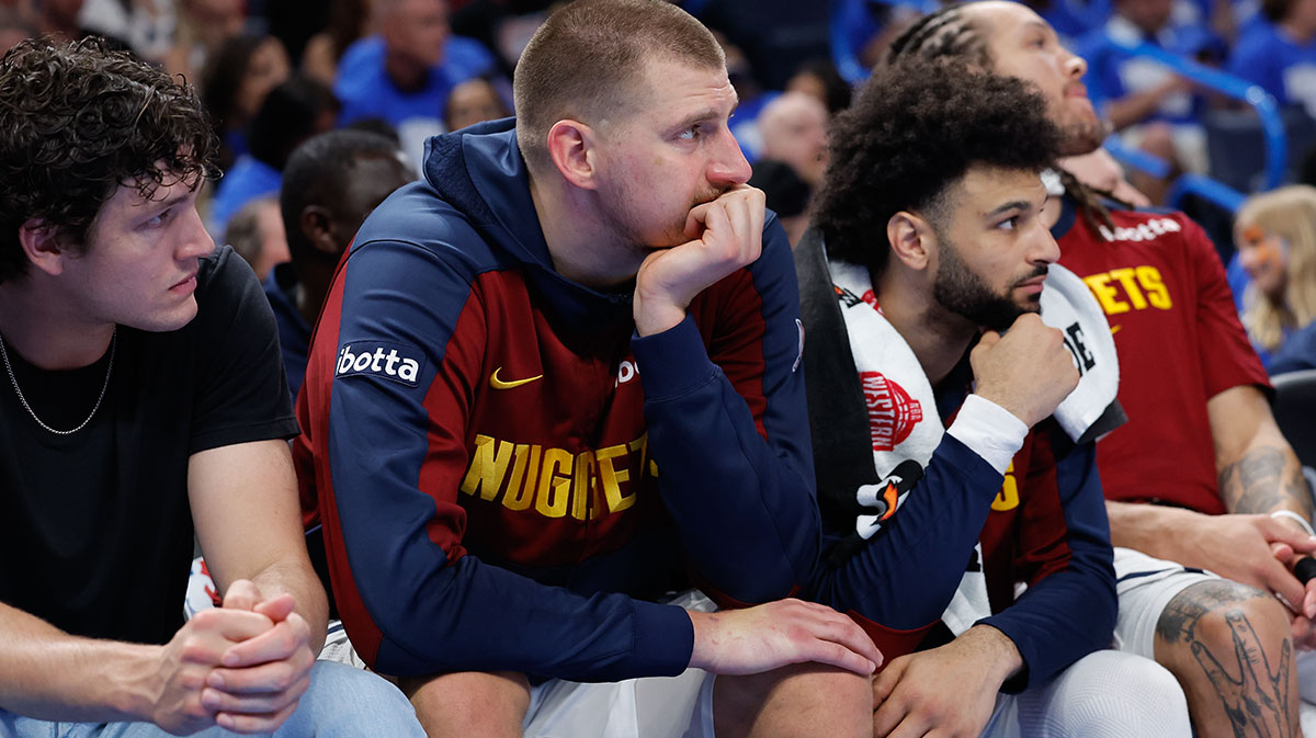Denver Nuggets center Nikola Jokic (15) watches the game from the bench in the fourth quarter against the Oklahoma City Thunder in game seven of the second round for the 2025 NBA Playoffs at Paycom Center. Nuggets are trying to hire Ognjen Stojakovic amid the NBA Free Agency.