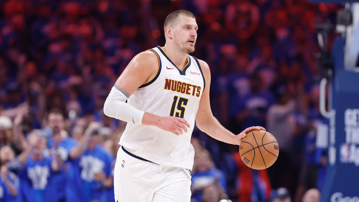 Nuggets center Nikola Jokic (15) dribbles down the court against the Oklahoma City Thunder in the second quarter during game seven of the second round for the 2025 NBA Playoffs at Paycom Center
