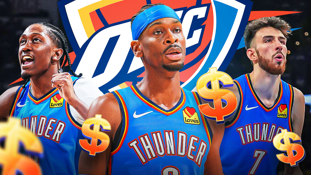 Shai Gilgeous-Alexander, Jalen Williams, Chet Holmgren OKC Thunder with the OKC Thunder logo behind them, and blue and orange dollar signs around them.