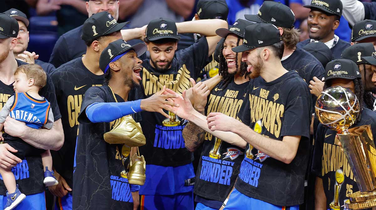 Oklahoma City Thunder guard Shai Gilgeous-Alexander (2) and Oklahoma City Thunder forward Chet Holmgren (7) celebrate after their team defeated the Indiana Pacers in game seven of the 2025 NBA Finals at Paycom Center.