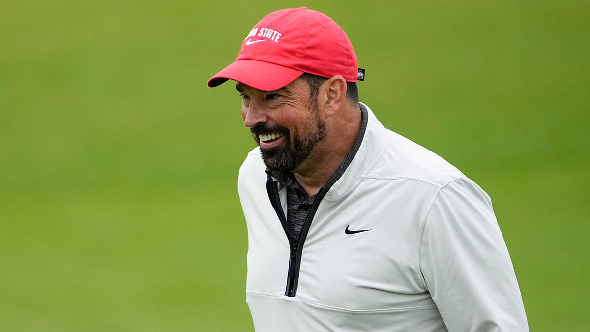 Ohio State football head coach Ryan Day reacts after his putt on 18 during the Workday Golden Bear Pro-Am at Muirfield Village Golf Club in Dublin, Ohio on May 28, 2025.