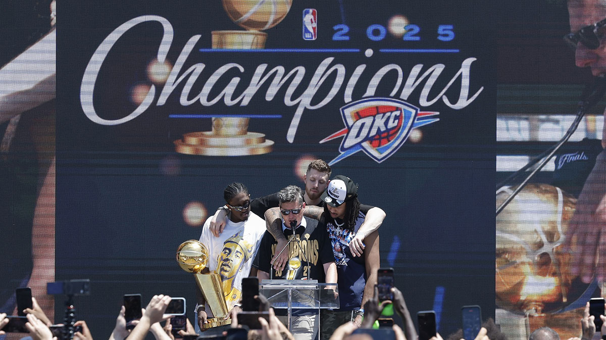 Mayor David Holt during the Oklahoma City Thunder Champions parade closing ceremony at Scissortail Park