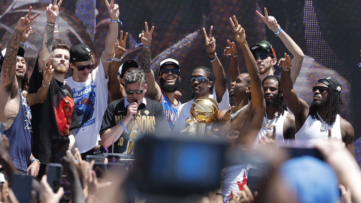Oklahoma City Thunder team members at the Oklahoma City Thunder Champions parade.