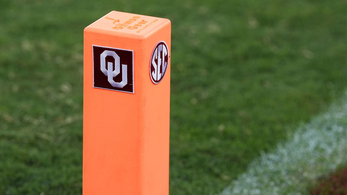 AN end zone plyon with the SEC logo on it is pictured during a college football game between the University of Oklahoma Sooners (OU) and the Houston Cougars at Gaylord Family – Oklahoma Memorial Stadium