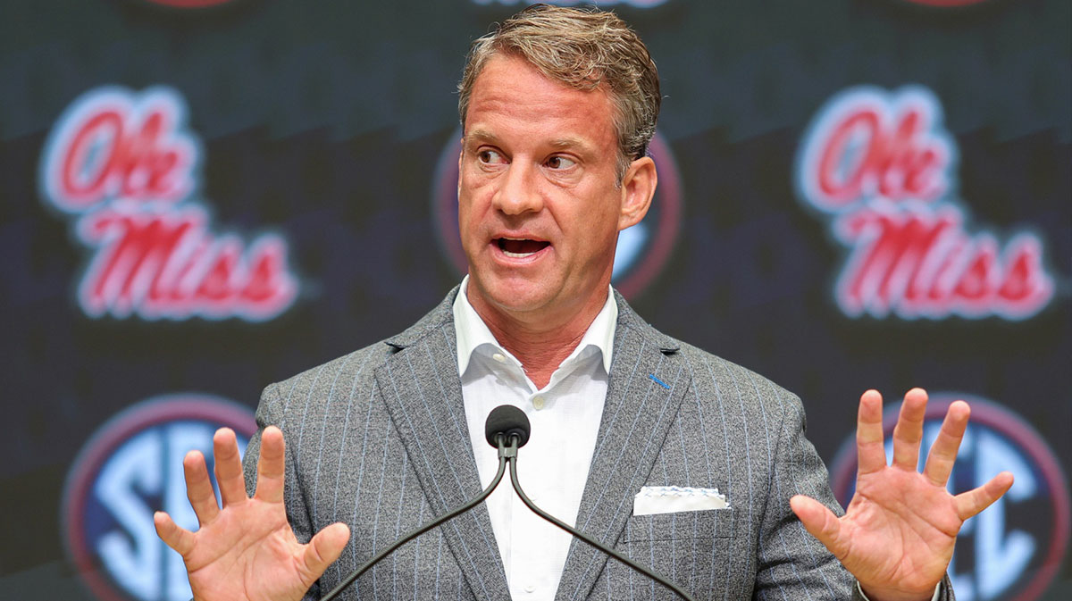 Ole Miss Rebels head coach Lane Kiffin speaks to the media during SEC Media Day at Omni Atlanta Hotel.