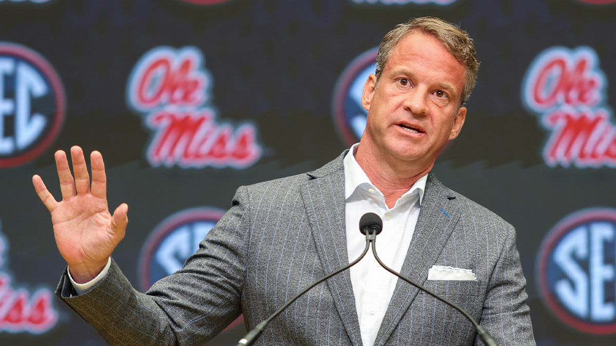 Ole Miss Rebels head coach Lane Kiffin speaks to the media during SEC Media Day at Omni Atlanta Hotel.