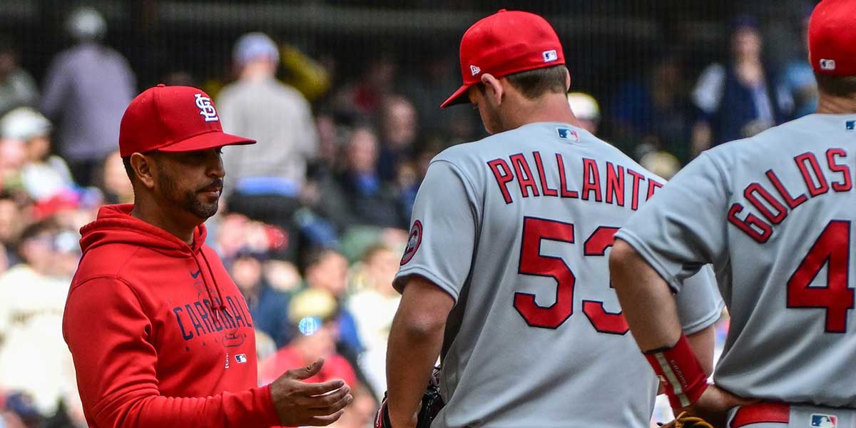 St. Louis Cardinals manager Oli Marmol makes a pitching change in the seventh inning during game against the Milwaukee Brewers at American Family Field.