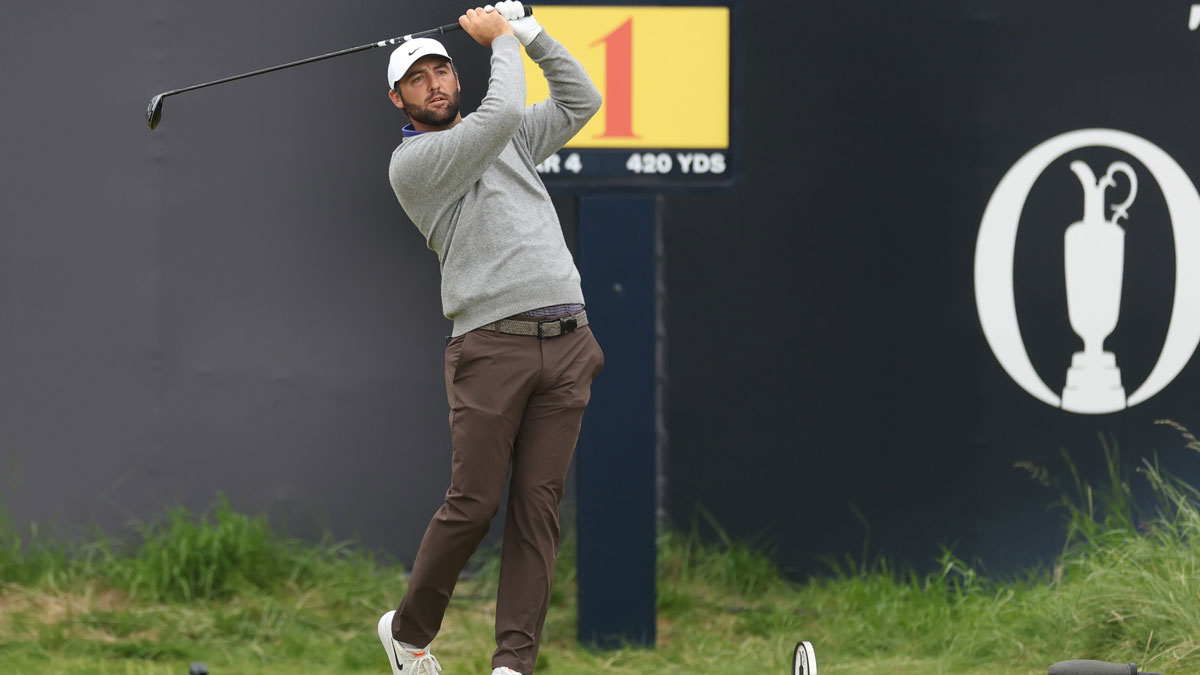 Scheffler tees off on the first hole during the first round of The 153rd Open Championship golf tournament at Royal Portrush