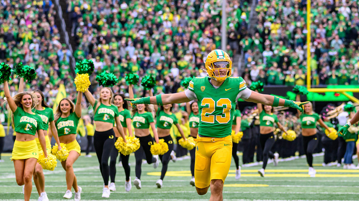 Oregon Ducks defensive back Marko Vidackovic (23) during the team entrance prior to the game against the Washington State Cougars at Autzen Stadium.