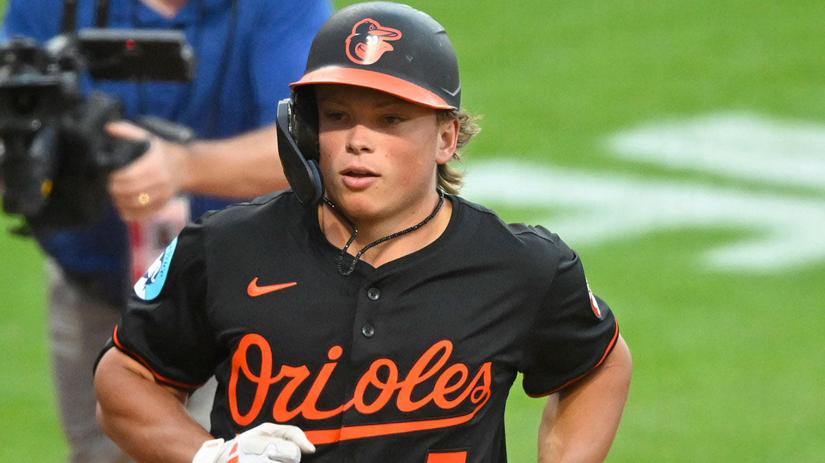 Baltimore Orioles designated hitter Jackson Holliday (7) scores after hitting a solo home run in the sixth inning against the Cleveland Guardians at Progressive Field.