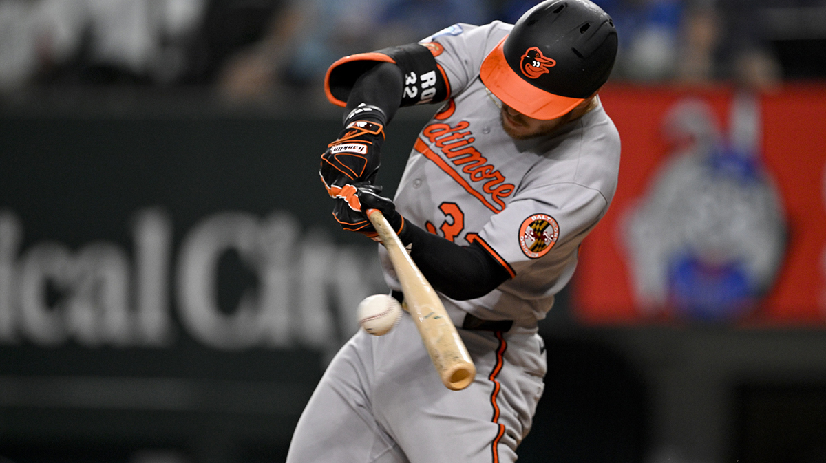 Baltimore Orioles first baseman Ryan O'Hearn (32) bats against the Texas Rangers during the game at Globe Life Field.