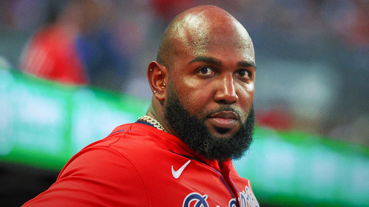 Atlanta Braves designated hitter Marcell Ozuna (20) in the dugout against the Baltimore Orioles in the sixth inning at Truist Park.