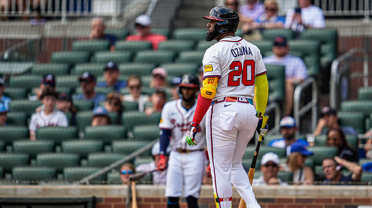 Atlanta Braves pinch hitter Marcell Ozuna (20) reacts after striking out against the San Francisco Giants during the ninth inning at Truist Park.