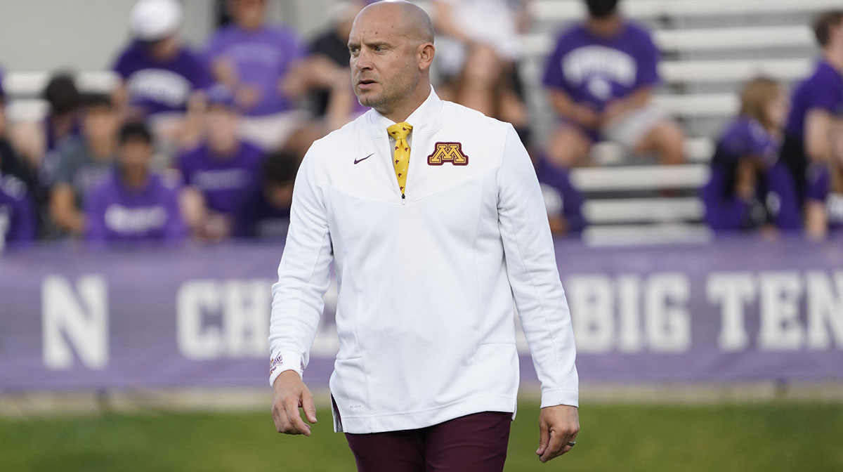 Minnesota Golden Gophers head coach PJ Fleck on the field before the game against the Northwestern Wildcats at Ryan Field.