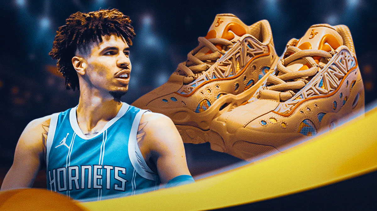 LaMelo Ball with the image of his new shoe.