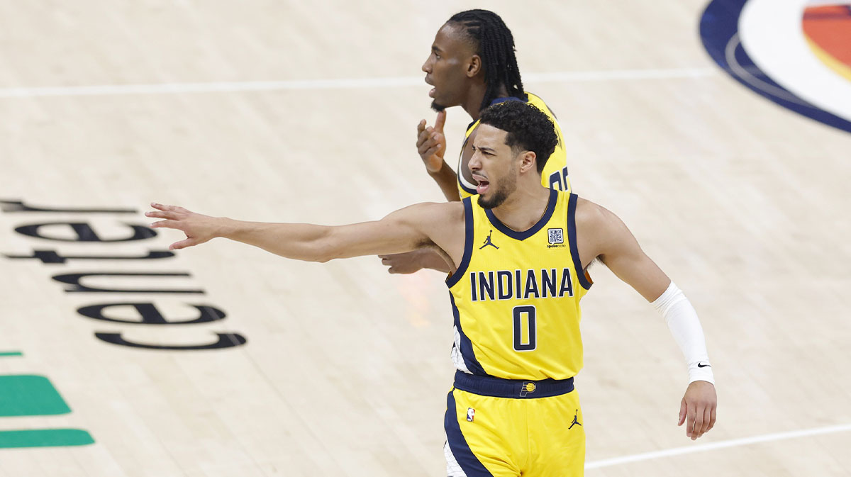 Indiana Pacers guard Tyrese Haliburton (0) reacts after a play against the Oklahoma City Thunder during the first half of game seven of the 2025 NBA Finals at Paycom Center.