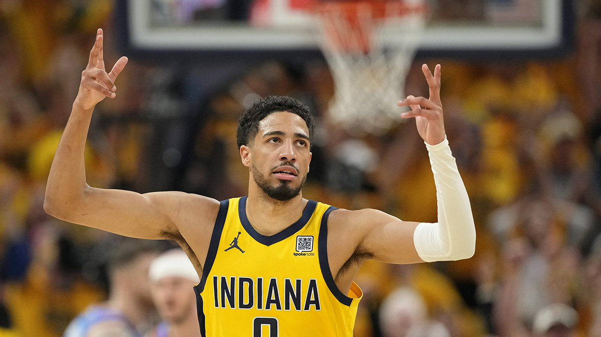Indiana Pacers guard Tyrese Haliburton (0) reacts after a play against the Oklahoma City Thunder during the first half of game six of the 2025 NBA Finals between the Oklahoma City Thunder and the Indiana Pacers at Gainbridge Fieldhouse. Without Haliburton, the Pacers are believed to be carried by Andrew Nembhard, T.J. McConnell, Bennedict Mathurin, and Kam Jones.