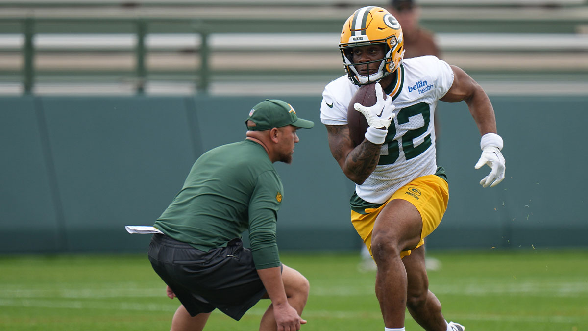 Running back MarShawn Lloyd (32) is shown during organized team activities for the Green Bay Packers Tuesday, May 21, 2024 in Green Bay, Wisconsin.