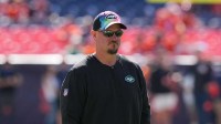 Oct 8, 2023; Denver, Colorado, USA; New York Jets offensive coordinator Nathaniel Hackett before the game against the Denver Broncos at Empower Field at Mile High. Mandatory Credit: Ron Chenoy-Imagn Images