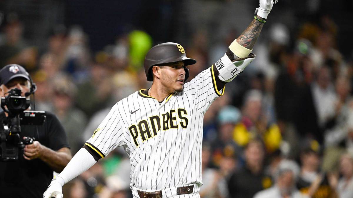 San Diego Padres third baseman Manny Machado (13) celebrates after hitting a solo home run during the eighth inning against the Arizona Diamondbacks at Petco Park.