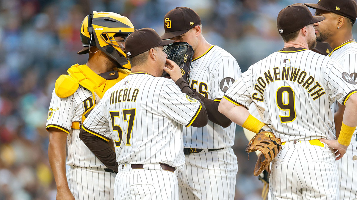 San Diego Padres Pitching Coach Ruben Niebla (57) talks to starting pitcher Stephen Kolek (32) during the fourth inning against the Texas Rangers at Petco Park.