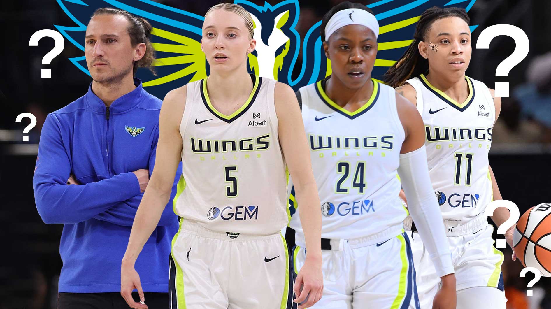 Question marks everywhere and the Dallas Wings logo somewhere in image. Places the following Wings players in image, with Bueckers in front: Paige Bueckers, JJ Quinerly, Arike Ogunbowale. Also have Wings coach Chris Koclanes in image.
