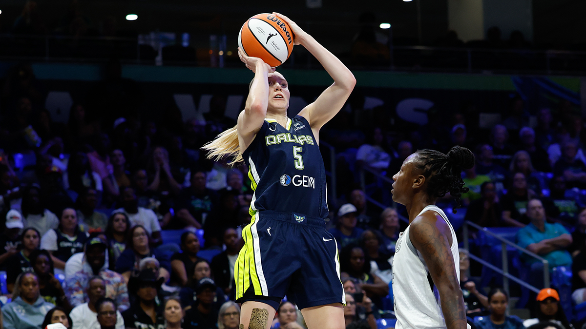 Dallas Wings guard Paige Bueckers (5) scores a basket against Las Vegas Aces guard Jewell Loyd (24) during the second half at College Park Center.