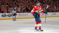 Florida Panthers left wing Matthew Tkachuk (19) celebrates after his goal against the Edmonton Oilers during the first period in game six of the 2025 Stanley Cup Final at Amerant Bank Arena.