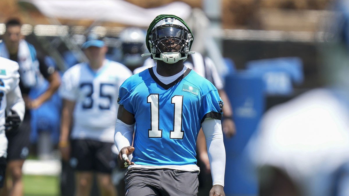 Carolina Panthers linebacker Nic Scourton (11) during minicamp at Bank of America Stadium.