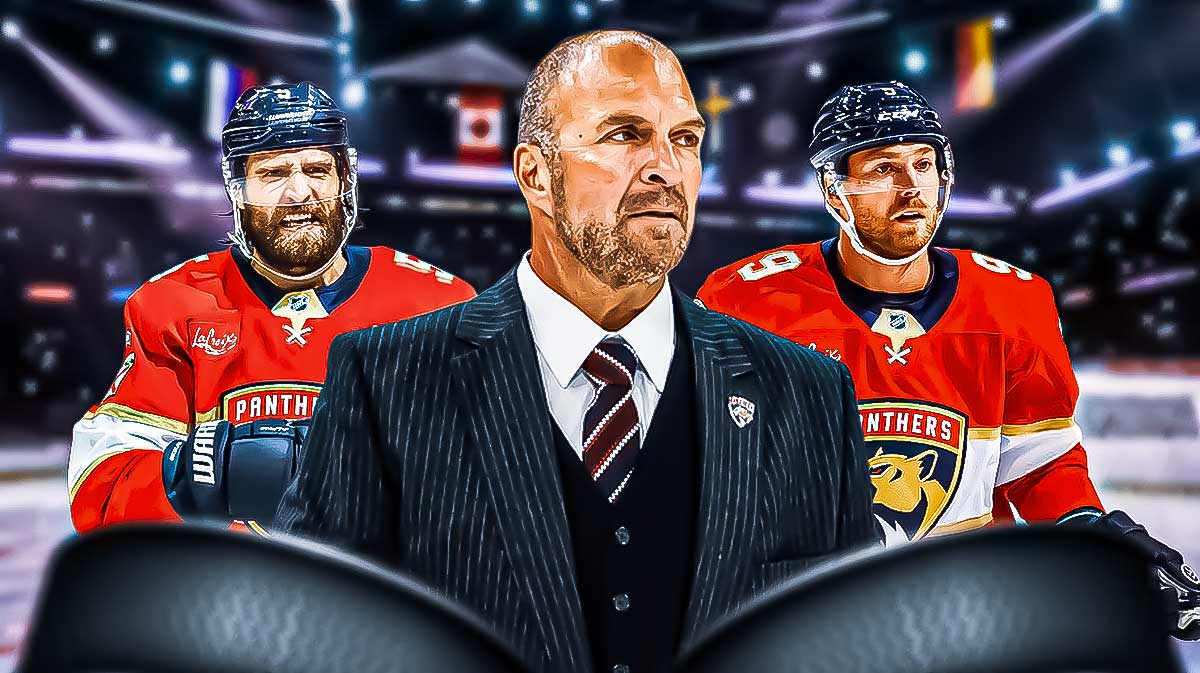 GM Bill Zito in the middle, Aaron Ekblad and Sam Bennett on the sides. Panthers logo in the background. Panthers offseason, Panthers perfect offseason, NHL