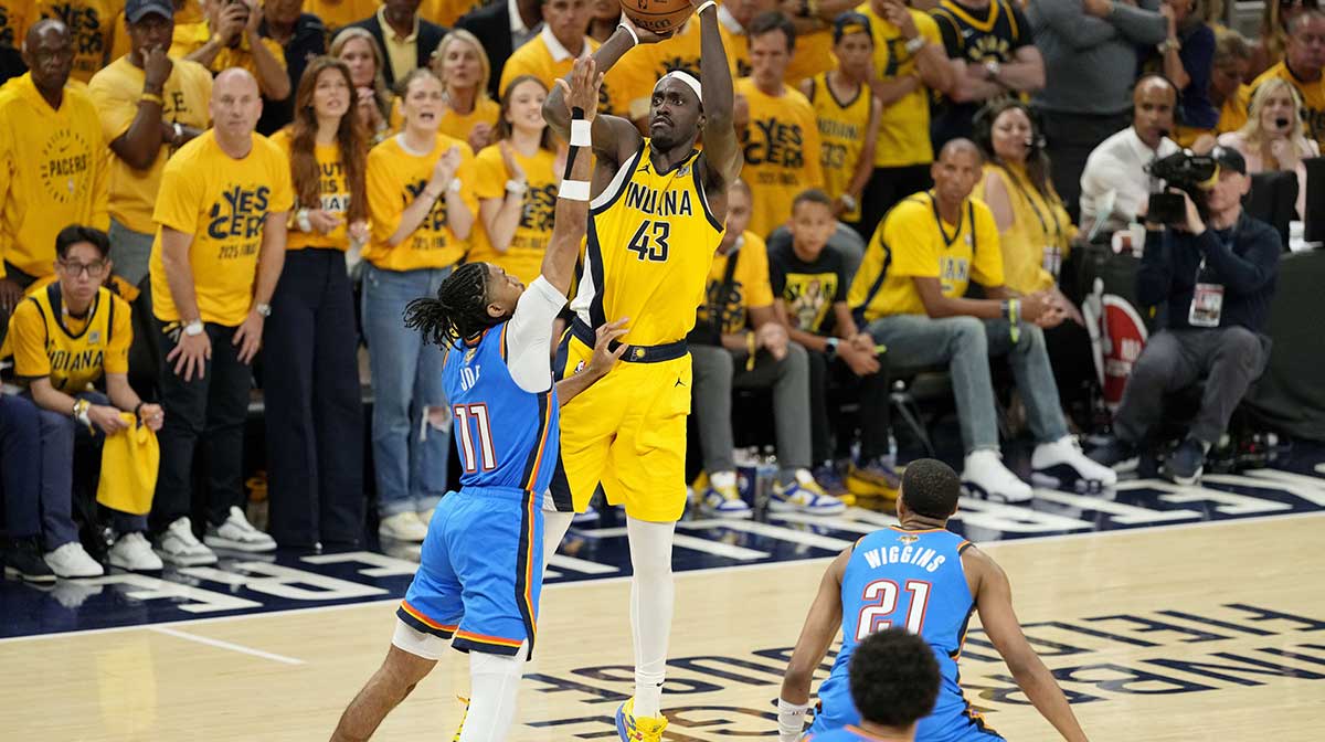 Indiana Pacers forward Pascal Siakam (43) shoots the ball against Oklahoma City Thunder guard Isaiah Joe (11) during the second half of game six of the 2025 NBA Finals between the Oklahoma City Thunder and the Indiana Pacers at Gainbridge Fieldhouse.