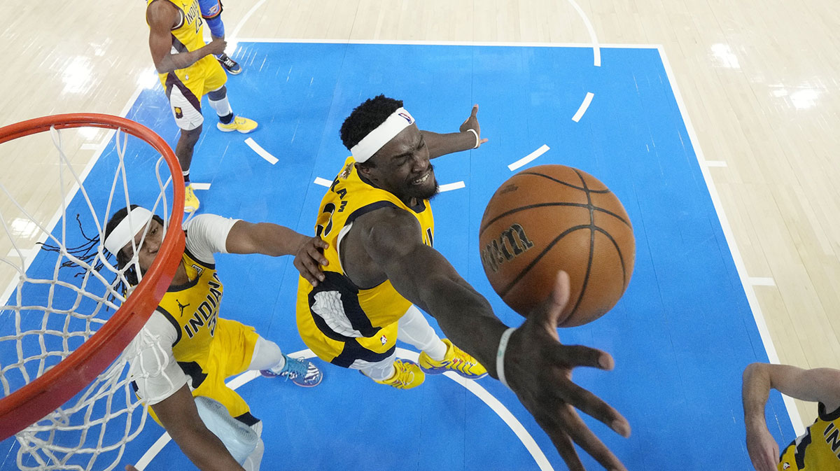 Indiana Pacers forward Pascal Siakam (43) reaches for the ball against the Oklahoma City Thunder during the first half of game seven of the 2025 NBA Finals at Paycom Center.