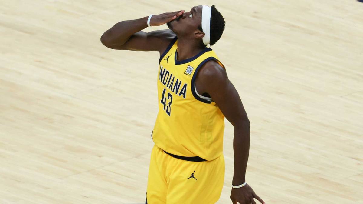 Indiana Pacers forward Pascal Siakam (43) celebrates after a play in the third quarter during game six of the 2025 NBA Finals against the Oklahoma City Thunder at Gainbridge Fieldhouse.
