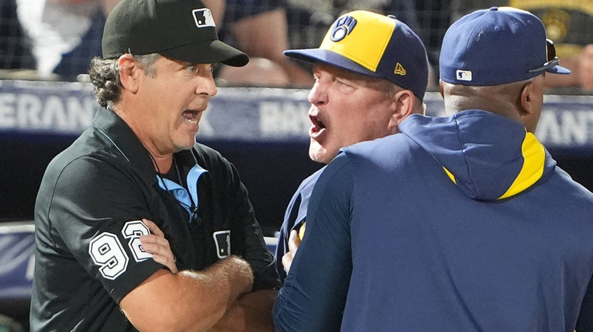 Milwaukee Brewers manager Pat Murphy argues with the umpire before being ejected over a controversial call that gave the Tampa Bay Rays a run in the sixth inning at George M. Steinbrenner Field.