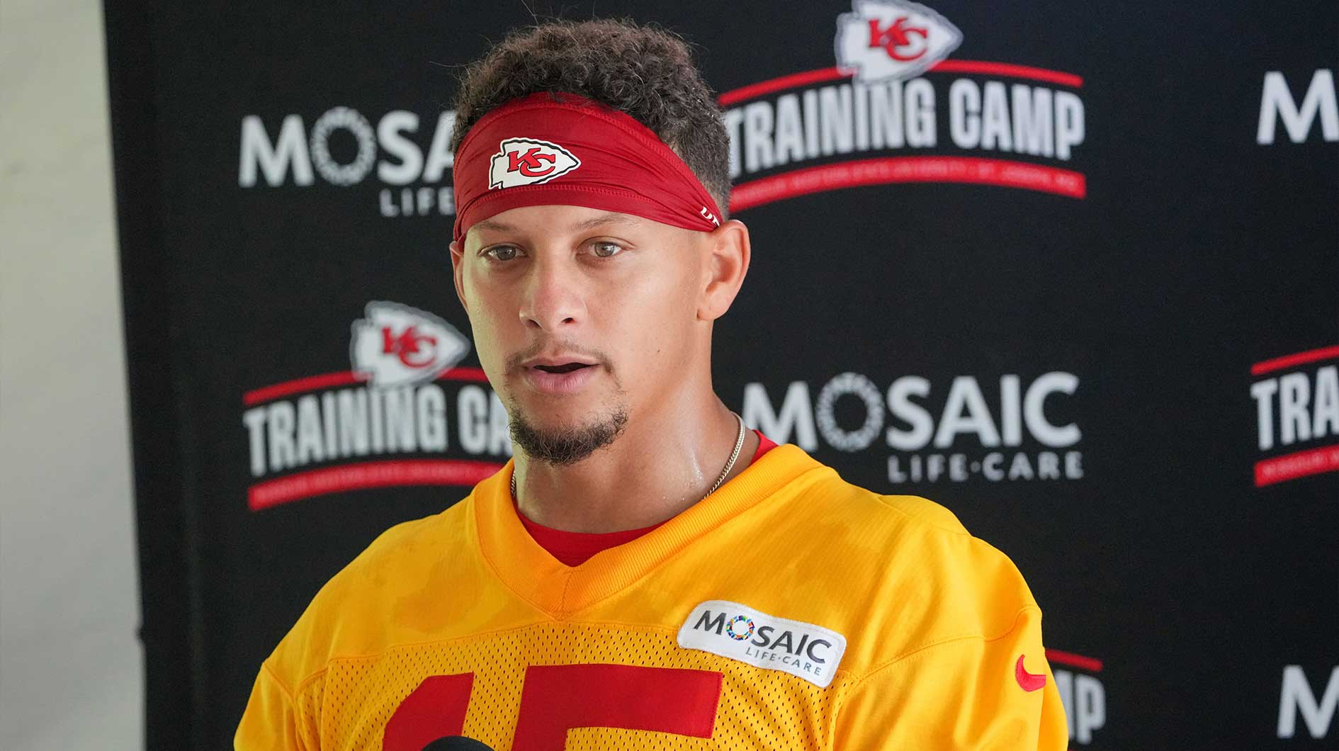 Kansas City Chiefs quarterback Patrick Mahomes (15) speaks to media after training camp at Missouri Western State University.