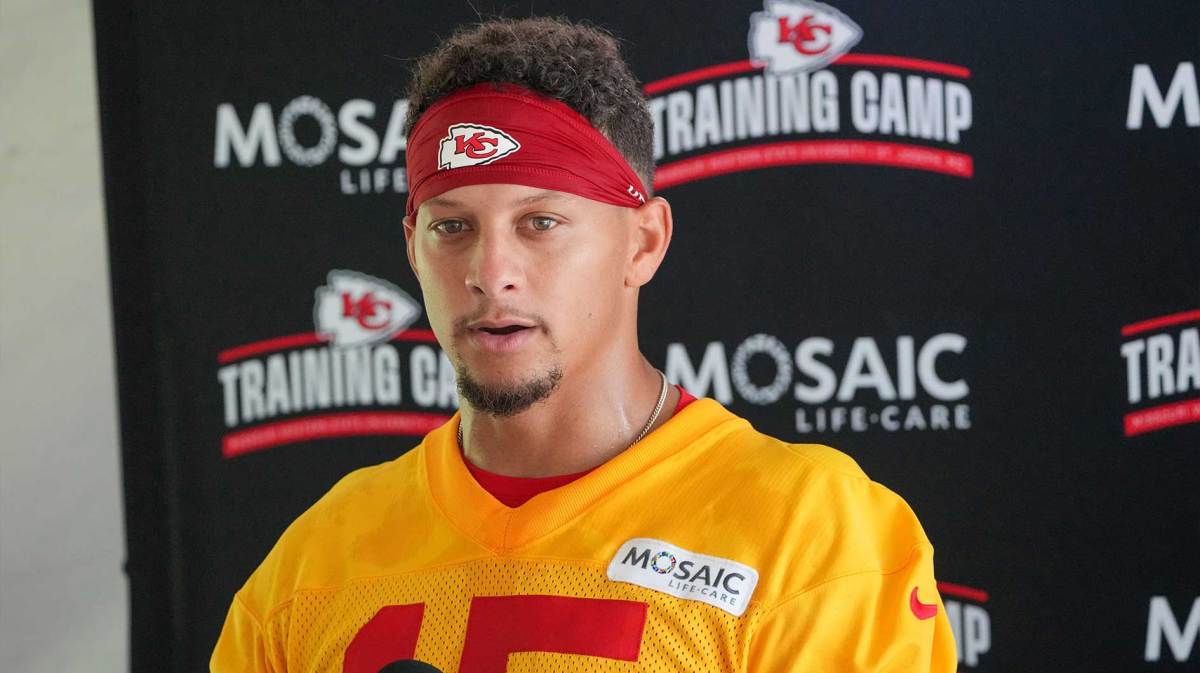 Kansas City Chiefs quarterback Patrick Mahomes (15) speaks to media after training camp at Missouri Western State University.