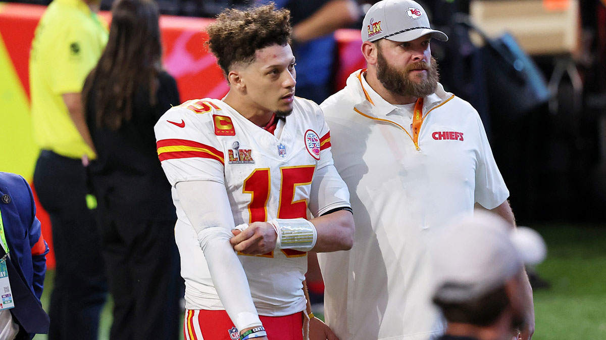 Kansas City Chiefs quarterback Patrick Mahomes (15) walks off the field after losing against the Philadelphia Eagles in Super Bowl LIX