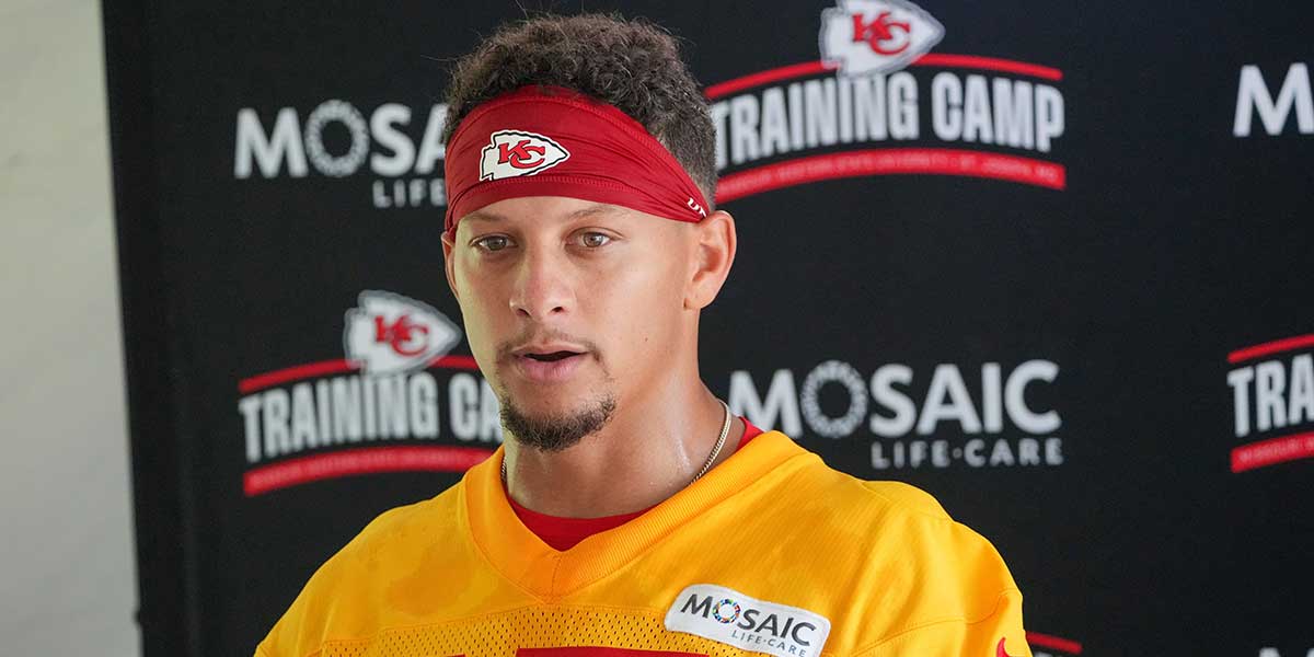 Kansas City Chiefs quarterback Patrick Mahomes (15) speaks to media after training camp at Missouri Western State University.