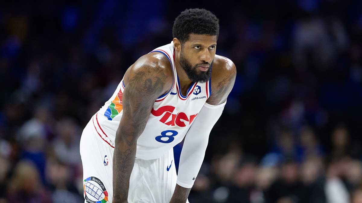 Philadelphia 76ers forward Paul George (8) looks on against the Golden State Warriors during the second quarter at Wells Fargo Center.