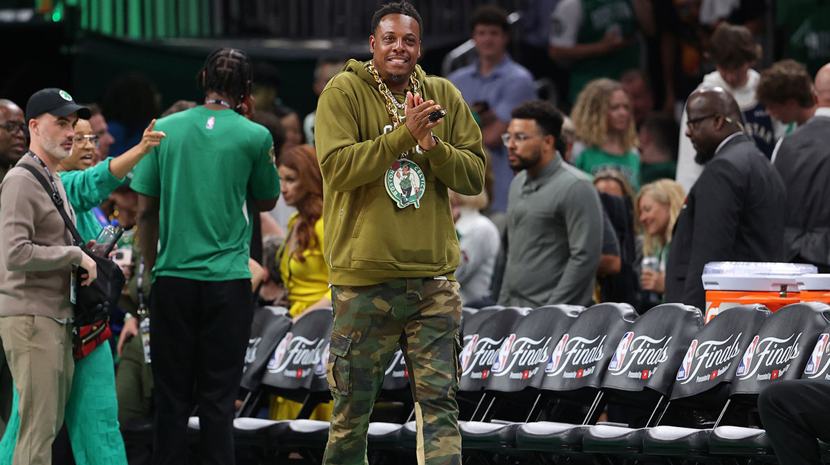 Boston Celtics former player Paul Pierce walks onto the court before game two of the 2024 NBA Finals between the Boston Celtics and the Dallas Mavericks at TD Garden.