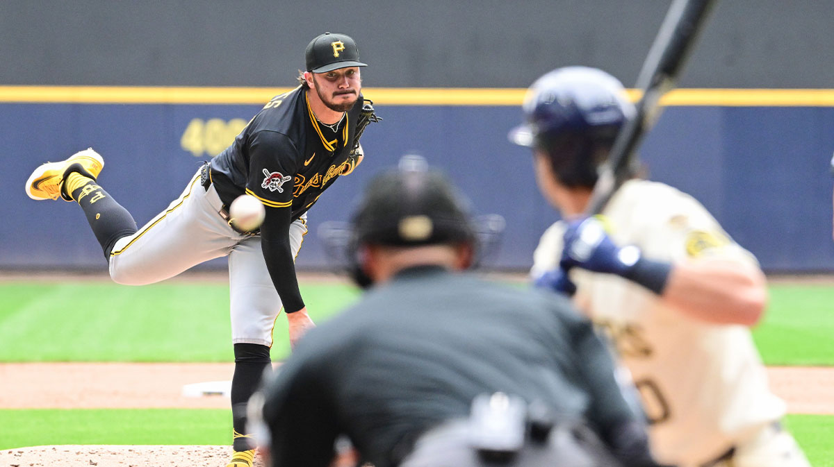 Jun 25, 2025; Milwaukee, Wisconsin, USA; Pittsburgh Pirates starting pitcher Paul Skenes throws a pitch to Milwaukee Brewers right fielder Sal Frelick (10) in the fifth inning at American Family Field.